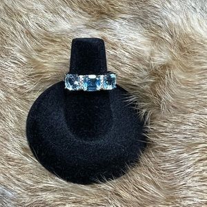Blue Topaz 3 Stone and CZ ring size 6 .925 SS